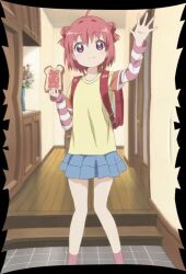  akaza_akari blue_skirt bread flowers gravity_defying_jam interior_foray layered_clothing purple_eyes purple_hair randosel round_hair_ties school_backpack smile steps toast vase wave yuru_yuri yuruyuri 