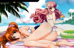  2girls beach bikini blue_eyes brown_hair crossover duplicate flower forest hair_flower hair_ornament higa_yukari innertube island long_hair louise_fran&ccedil;oise_le_blanc_de_la_valli&egrave;re mahou_shoujo_lyrical_nanoha mahou_shoujo_lyrical_nanoha_strikers mizugi mountains ocean on_side oshiri palms pink_hair red_eyes sky smile takamachi_nanoha water zero_no_tsukaima 