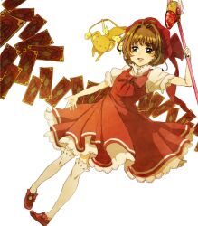  brown_hair card cardcaptor_sakura clow_card commentary_request dress female floating_card fuuin_no_tsue green_eyes hat kero_(cardcaptor_sakura) kinomoto_sakura kinomoto_sakura_(magic_dream_costume) magical_girl masuo1992 pink_hat short_hair solo_focus 