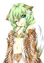  animal_ears bathrobe bikini blush braid commentary_request dog_ears dog_tail female green_eyes green_hair hair_over_shoulder oerba_yun_fang one_eye_closed open_clothes open_mouth open_robe original robe saitou_kon shingetsu_takehito smile solo swimsuit tail twin_braids 