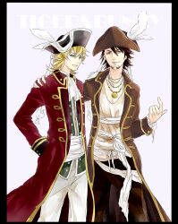  2boys aqua_eyes ascot bad_id bad_pixiv_id barnaby_brooks_jr. blonde_hair blue_eyes brown_eyes brown_hair coat cosplay facial_hair feathers hand_in_pocket hand_on_another&#039;s_shoulder hat hirata_hiroaki jack_sparrow jack_sparrow_(cosplay) jewelry kaburagi_t._kotetsu male_focus multiple_boys necklace pirate pirates_of_the_caribbean red_coat stubble tiger_&amp;_bunny toggles tricorne unakura voice_actor_connection 