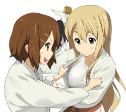  4girls a1_(initial-g) akiyama_mio belt black_hair blonde_hair blue_eyes brown_eyes brown_hair closed_eyes dougi hair_ornament hairband hairclip highres hirasawa_yui judo k-on! kotobuki_tsumugi long_hair martial_arts_belt multiple_girls open_mouth photoshop_(medium) profile punching short_hair simple_background smile sweat tainaka_ritsu thick_eyebrows 