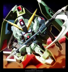  border chibi commentary_request explosion forbidden_gundam gundam gundam_seed kaz_(kaz323) mecha no_humans photoshop_(medium) robot scythe shield solo standing text_focus 