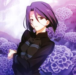  absurdres arm_at_side black_hair bob_cut breasts breasts_squeezed_together brown_eyes fate/zero fate_(series) female floral_background flower hair_between_eyes hair_strand highres hisau_maiya hydrangea long_sleeves looking_at_viewer parted_lips purple_hair purple_theme short_hair small_breasts solo takeuchi_takashi upper_body 