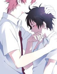  1boy bad_id bad_pixiv_id black_hair blush closed_eyes couple covering_own_mouth dress_shirt female hand_in_another&#039;s_hair highres hug kazari_tayu konno_makoto mamiya_chiaki no_eyes red_hair shirt short_hair straight tears toki_wo_kakeru_shoujo white_background 