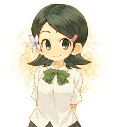  commentary_request female flower green_eyes green_hair hair_flower hair_ornament hairclip inazuma_eleven inazuma_eleven_(series) kino_aki kiri_futoshi ribbon school_uniform short_hair smile 