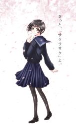  back bad_id black_hair brown_eyes cherry_blossoms envelope leaves looking_back pantyhose petalstree school_uniform serafuku shoes short_hair side skirt smile sweater translation_request 