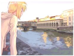  :o blonde_hair bob_cut bridge brown_gloves city cityscape fur_collar gloves gunslinger_girl italy jacket open_mouth rico_(gunslinger_girl) river scenery short_hair solo surprised water 