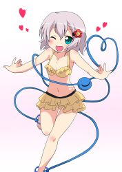  bikini blush commentary_request female flower frilled_bikini frills green_eyes grey_hair hair_flower hair_ornament heart heart_of_string komeiji_koishi massala navel one_eye_closed open_mouth outstretched_arms running short_hair skirt smile solo swimsuit third_eye touhou yellow_bikini 