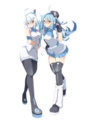  2girls absurdres ahoge aqua_hair armband bespectacled bili_girl_22 bili_girl_33 bilibili black_legwear blue_hair breasts fingerless_gloves glasses gloves hair_ornament hair_ribbon hat highres large_breasts long_hair multiple_girls necktie one_side_up pantyhose pointing red_eyes ribbon simple_background thighhighs xiaoyou_uuu zettai_ryouiki 