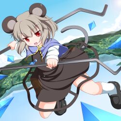  animal_ears black_dress blue_sky capelet commentary_request day dowsing_rod dress female grey_hair highres jewelry mary_janes md5_mismatch midair mountainous_horizon mouse_ears mouse_girl mouse_tail navel nazrin necklace nikku_(ra) open_mouth outdoors red_eyes shoes short_hair sky solo tail touhou 