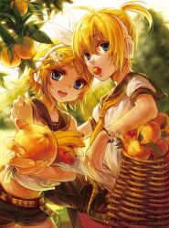  1boy apple basket belt blonde_hair blue_eyes bracelet brother_and_sister commentary_request denim female food foreshortening fruit hair_ornament hair_ribbon hairpin highres holding holding_food holding_fruit jewelry kagamine_len kagamine_rin midriff nail_polish navel open_mouth orange_(fruit) photoshop_(medium) ribbon sailor_collar short_hair shorts siblings silverwing twins vocaloid watermark yellow_nails 