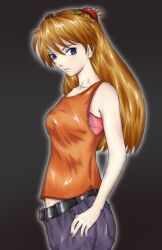  asuka_langley belt blue_eyes bra denim jeans long_hair neon_genesis_evangelion orange_hair pants side tank_top 