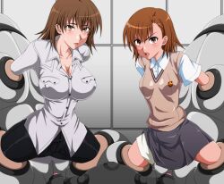  blush breasts brown_eyes brown_hair cleavage erect_nipples large_breasts misaka_mikoto misaka_misuzu oppai rape_machine to_aru_kagaku_no_railgun to_aru_majutsu_no_index 