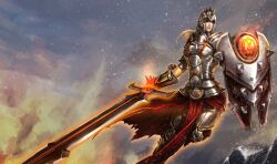  armor blonde_hair chest_plate gauntlets helmet league_of_legends leona shield shoulder_pads snow sword 