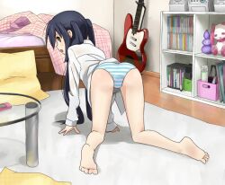  all_fours artist_request azunyan barefoot bed black_hair brown_eyes feet from_behind guitar instrument k-on! long_hair looking_back nakano_azusa open_mouth pantsu pillow shimapan solo striped stuffed_animal twintails 