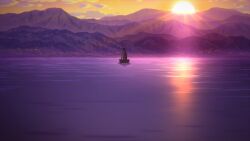  boat cap katanagatari lake mountains sunset yasuri_shichika 