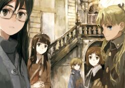  5girls angelica_(gunslinger_girl) black_hair blonde_hair blue_eyes brown_eyes brown_hair claes coat dark-skinned_female dark_skin glasses gloves green_eyes gunslinger_girl hair_ornament hair_ribbon henrietta_(gunslinger_girl) long_hair looking_at_viewer multiple_girls ribbon rico_(gunslinger_girl) short_hair smile toi8 triela twintails 