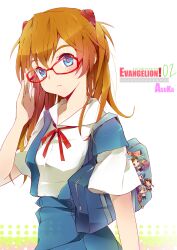  adjusting_eyewear ayanami_rei bad_id bad_pixiv_id bag bag_charm bespectacled blue_eyes blush charm_(object) female glasses hair_ornament highres ikari_shinji kiina long_hair makinami_mari_illustrious nagisa_kaworu neon_genesis_evangelion nerv orange_hair photoshop_(medium) rebuild_of_evangelion red-framed_eyewear school_bag school_uniform solo souryuu_asuka_langley 