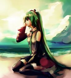  beach black_thighhighs blouse cloud detached_sleeves green_eyes green_hair hand_in_hair hand_on_head hatsune_miku long_hair necktie ocean open_mouth pleated_skirt renevatia sand shirt sitting skirt sky sleeveless sleeveless_blouse thighhighs twintails very_long_hair vocaloid water 