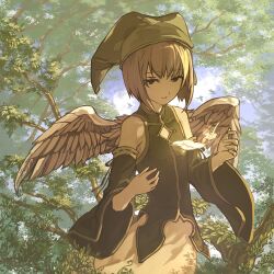  1boy androgynous bad_id bad_pixiv_id bare_shoulders bird brown_hair detached_sleeves elona feathers harusame_(rueken) hat jester_cap kumiromi_of_harvest male_focus nature solo tree wings 