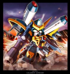  bazooka_(gundam) beam_rifle border calamity_gundam cannon character_name chibi clenched_hand commentary_request embers energy_gun gun gundam gundam_seed kaz_(kaz323) mecha no_humans photoshop_(medium) robot shield signature smoke solo weapon 