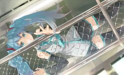  bad_id bad_nicoseiga_id black_thighhighs blue_eyes blue_hair cccpo detached_sleeves female from_below hatsune_miku long_hair lying necktie on_stomach outstretched_arm solo thighhighs train_interior twintails vocaloid zettai_ryouiki 