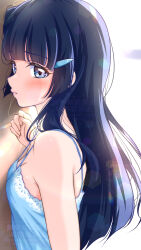  aoki_reika blue_camisole blue_eyes blue_hair blush breasts camisole collarbone day female highres kakikakilemon lips long_hair looking_at_viewer precure small_breasts smile smile_precure solo underwear 