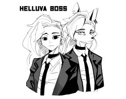  absurd_res anthro canid canid_demon canine choker clothing demon disguise duo ear_piercing female hair hellaverse hellhound helluva_boss hi_res human jewelry loona_(helluva_boss) mammal miscuitsxd monochrome mythological_canine mythological_creature mythology necklace necktie piercing simple_background suit white_background 