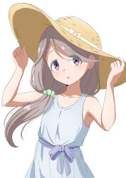  absurdres armpits bare_shoulders breasts cleavage collarbone commentary dress female green_scrunchie grey_dress grey_hair hair_ornament hair_scrunchie hands_on_headwear hat hat_ribbon highres long_hair looking_at_viewer low_side_ponytail mono_(afro) obashiso parted_lips purple_eyes purple_ribbon ribbon scrunchie shikishima_sakurako simple_background sleeveless sleeveless_dress small_breasts solo straw_hat tareme upper_body waist_ribbon white_background white_ribbon 