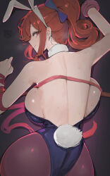  animal_ears armlet artist_name ass azz0422 back bare_shoulders black_leotard bow breast_press breasts closed_mouth detached_collar dress eyelashes from_behind hairbow halter_leotard halterneck highleg highleg_leotard highres huge_breasts jewelry leotard long_hair looking_at_viewer looking_back narrowed_eyes original pantyhose playboy_bunny ponytail purple_bow qr_code rabbit_ears rabbit_tail raised_eyebrows red_eyes red_hair red_ribbon ribbon sideboob sidelocks smile tail thighs top-down_bottom-up 