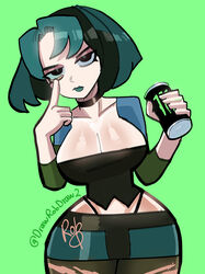  ass big_breasts blue_hair cartoon_network choker cleavage cowboy_shot curvy curvy_female curvy_figure drawrobdraw2 drink energy_drink female fresh_tv front_view gesture goth green_background gwen_(tdi) highleg_panties holding_can medium_hair midriff monster_energy monster_energy_drink signature solo thick_thighs thighs thong total_drama_island two_tone_hair wasp_waist zettai_ryouiki 