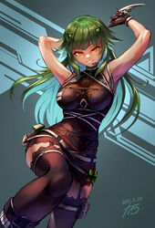  armpits arms_behind_head bare_shoulders black_gloves black_skirt black_thighhighs bodystocking boots breasts bustier dagger female gloves green_hair grin headset highres holster juunishi_aya kitakoji_hisui kitakoji_hisui_(2nd_costume) knife large_breasts looking_at_viewer nijisanji official_alternate_costume orange_eyes pouch see-through skirt smile solo thigh_holster thigh_strap thighhighs virtual_youtuber weapon 