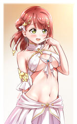  blunt_bangs blush braid braided_bun breasts cosplay cowboy_shot female hair_bun hair_ornament hairpin half_updo highres looking_at_viewer love_live! love_live!_nijigasaki_high_school_idol_club medium_breasts medium_hair midriff navel open_mouth princess_connect! red_hair shark_yc single_side_bun solo swept_bangs uehara_ayumu yellow_eyes yui_(ceremonial)_(princess_connect!) yui_(princess_connect!) yui_(princess_connect!)_(cosplay) 