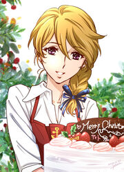  apron blonde_hair blue_ribbon braid cake christmas collarbone collared_shirt dress_shirt earrings female food grin hair_between_eyes hair_over_shoulder hair_ribbon jewelry long_hair looking_at_viewer merry_christmas mori_yuki purple_eyes red_apron ribbon shirt single_braid smile solo swept_bangs uchuu_senkan_yamato upper_body white_shirt wing_collar yokon2199 