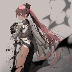  armor black_gloves cape closed_mouth dust feet_out_of_frame female fingerless_gloves gloves grey_cape highres hirooka_masaki katana long_hair looking_at_viewer original pink_eyes pink_hair ponytail single_bare_leg skindentation solo sword thigh_strap weapon 