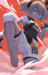  abs barefoot bea_(pokemon) black_hairband blue_eyes closed_mouth commentary covered_navel crop_top dark-skinned_female dark_skin feet female fighting_stance fingerless_gloves from_below gloves grey_hair hairband holding holding_poke_ball kyou-chan leg_up looking_at_viewer looking_down photoshop_(medium) poke_ball pokemon pokemon_swsh red_background serious short_hair short_sleeves shorts single_glove skin_tight smoke solo standing standing_on_one_leg toenails toes ultra_ball v-shaped_eyebrows white_shorts 