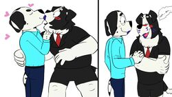  16:9 2_panel_comic anthro beargarbage bluey_(series) blush border_collie canid canine canis collie dalmatian dialogue domestic_dog duo english_text frank_(bluey) fur heart_symbol herding_dog hi_res kiss_mark kiss_on_lips kissing lipstick lipstick_fetish lipstick_on_face mackenzie&#039;s_dad_(bluey) makeup male male/male mammal markings mascara pastoral_dog purple_lipstick sheepdog spots spotted_body spotted_fur text widescreen 