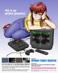  1980s_(style) ad belt breasts commentary console_war controller converse crt denim donna_(jose_salot) english_commentary english_text fake_ad female full_body game_console game_controller glasses head_rest jeans jose_salot leaning_on_object logo medium_breasts orange_eyes original otaku pants red_hair remote_control retro_artstyle sega sega_mega_drive shirt shoes sitting smile sneakers solo sony t-shirt television twitter_username watch web_address wristwatch yellow_shirt yokozuwari 