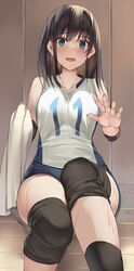  black_hair black_shorts blue_eyes blush female hand_up highres holding holding_towel knee_pads kureha_(ironika) long_hair looking_at_viewer open_mouth original shirt shorts sitting solo sweat towel tsubasa_(kureha) white_shirt wide-eyed 