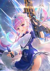  :d absurdres ahoge anchor anchor_symbol apex_legends blue_bow blue_dress blue_hair blue_ribbon blush bow braid breasts clothes_lift colored_inner_hair commentary dress dress_lift english_commentary female frilled_dress frills gun hair_ribbon highres holding holding_gun holding_weapon hololive in-universe_location janyhero kunai long_hair looking_at_viewer maid_headdress medium_breasts minato_aqua minato_aqua_(1st_costume) multicolored_hair open_mouth panties pink_hair puffy_short_sleeves puffy_sleeves purple_eyes ribbon round_teeth short_sleeves smile solo teeth twintails two-tone_hair underwear upper_teeth_only v-shaped_eyebrows very_long_hair virtual_youtuber vk-47_flatline weapon white_bow white_panties wind wind_lift world&#039;s_edge 