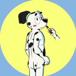  1:1 absurd_res anthro beargarbage bluey_(series) canid canine canis chloe_(bluey) dalmatian domestic_dog duo female frank_(bluey) hi_res lipstick looking_at_viewer looking_back makeup male mammal markings pose scrunchie spots spotted_body 