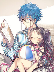  1boy ball beachball blue_eyes blue_hair blush bracelet brown_hair closed_eyes closed_mouth commentary_request double_bun eyewear_strap facial_mark fate/grand_order fate_(series) female forehead_mark glasses hair_bun hans_christian_andersen_(adult)_(fate) hans_christian_andersen_(fate) holding jewelry kamui_natsuki knees_together_feet_apart long_hair long_sleeves looking_at_another parted_lips sessyoin_kiara sessyoin_kiara_(lily) size_difference smile strap_slip teeth very_long_hair 