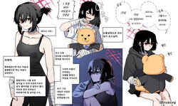  ^_^ alternate_costume alternate_hairstyle bandaged_arm bandages bare_legs black_dress black_hair black_hoodie blue_archive breasts cleavage closed_eyes collarbone dress female halo highres hood hoodie korean_commentary korean_text laughing looking_ahead looking_at_viewer misaki_(blue_archive) multiple_views red_eyes rodeong_r smile speech_bubble stuffed_animal stuffed_toy teardrop teddy_bear translation_request 