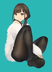  aqua_background black_pantyhose brown_eyes brown_hair feet female full_body fur_sweater grin hair_ornament hair_over_shoulder highres long_hair looking_at_viewer no_pants no_shoes original panties panties_under_pantyhose pantyhose sidelocks simple_background sitting smile solo thighs toes underwear white_panties yomu_(sgt_epper) 