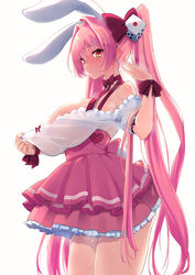  absurdres animal_ears armpits bare_shoulders bow breasts clothes_pull di_gi_charat dice_hair_ornament dress dress_pull fanning_self female hair_ornament hairbow highres hot large_breasts long_hair multicolored_eyes pink_hair rabbit_ears ribbon see-through solo steam steaming_body summer sweat twintails uro_(urotanc) usada_hikaru very_long_hair 