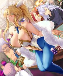  animal_ears artoria_pendragon_(fate) artoria_pendragon_(swimsuit_ruler)_(fate) bad_id bad_twitter_id bare_shoulders bedivere_(fate) blonde_hair blue_pantyhose breasts bunny_day casino casino_card_table fate/grand_order fate_(series) green_eyes hair_between_eyes highres inactive_account jewelry lancelot_(fate/grand_order) large_breasts looking_at_viewer mash_kyrielight merlin_(camelot_&amp;_co)_(fate) merlin_(fate) necklace pantyhose playboy_bunny rabbit_ears satou_daiji sitting table tristan_(fate) 