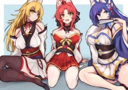  3girls animal_ear_fluff animal_ears arms_behind_back azur_lane blonde_hair blue_eyes blue_hair breasts brown_thighhighs cleavage closed_mouth covering_own_mouth dress flower fox_ears full_body hair_between_eyes hair_flower hair_ornament hair_ribbon hairclip hand_fan hands_on_floor holding holding_fan japanese_clothes jintsuu_(azur_lane) long_hair long_sleeves looking_at_viewer marshall_k medium_breasts multiple_girls naka_(azur_lane) on_floor open_mouth red_dress red_hair ribbon seiza sendai_(azur_lane) simple_background sitting thighhighs white_dress white_thighhighs yellow_eyes 