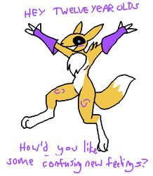  3_fingers 3_toes aliasing ambiguous_gender anthro bandai_namco biped black_nose black_sclera blue_eyes canid chest_tuft clothing digimon digimon_(species) digital_media_(artwork) dipstick_tail english_text feet fingers fur hey_twelve_year_olds humor kazerad lol_comments low_res mammal markings meme multicolored_body multicolored_fur multicolored_tail open_mouth renamon semi-anthro shitpost simple_background solo tail tail_markings text the_truth toes tuft white_background white_body white_fur yellow_body yellow_fur 