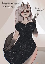  2022 = anthro ass big_breasts black_clothing black_dress bottomwear breasts canid canid_demon canine canis claws clothed clothing collar demon digital_media_(artwork) domestic_dog dress ear_piercing ear_ring english_text eyebrow_piercing eyebrow_ring eyebrows eyelashes facial_piercing female fluffy fluffy_tail fur gloves_(marking) grey_hair hair hellhound helluva_boss hi_res husky legwear long_hair looking_at_viewer loona_(helluva_boss) mammal markings mythological_canine mythological_creature mythology nordic_sled_dog piercing presenting red_sclera ring_piercing shorts side_boob simple_background smile solo spiked_collar spikes spitz spreading sugene tail term_of_endearment text topwear white_body white_fur 